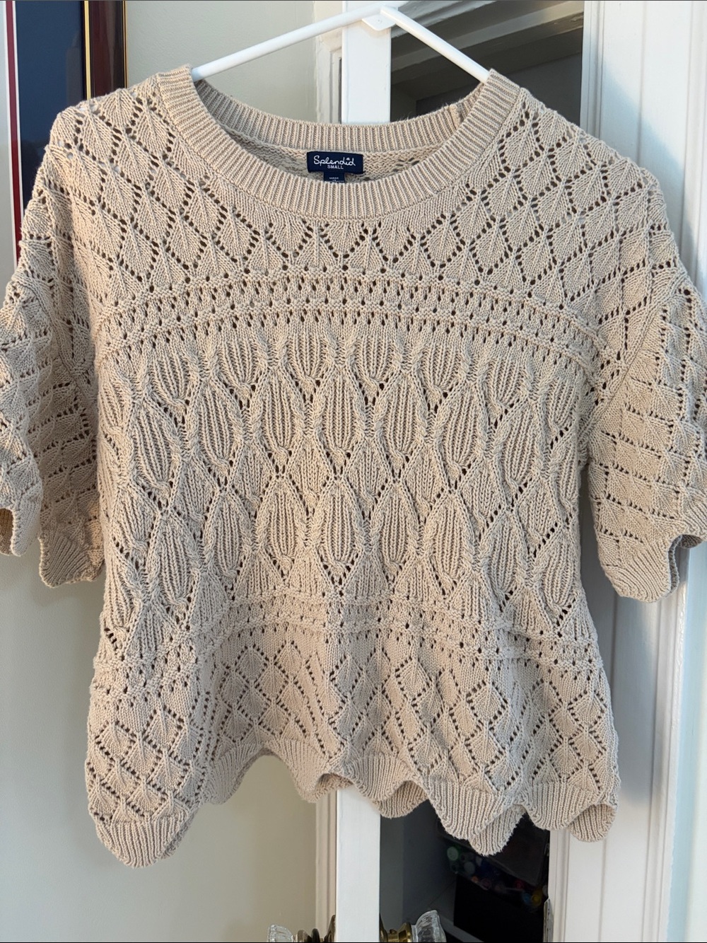 Splendid Beige Open-Knit Scalloped Short Sleeve Sweater